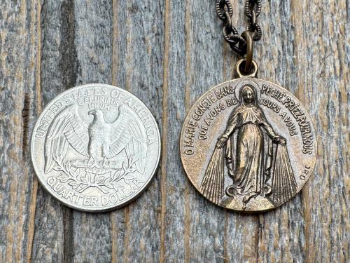 Bronze Large French Miraculous Medal, Antique Replica, Big Round Miraculous Medal, Bronze Miraculous Pendant Necklace, by OBC, from France