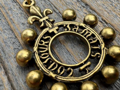 Antiqued Gold, Silver or Pewter Finger Rosary Ring with Hanging Top Ring, French Antique Replica Dizainier, Fleur de Lis Rosary Necklace