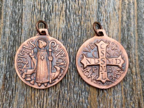 Large Copper French St Benedict Medallion, Antique Replica of Artist JB Balme Medal, Big Holy Father Saint Benedicti Pendant from France