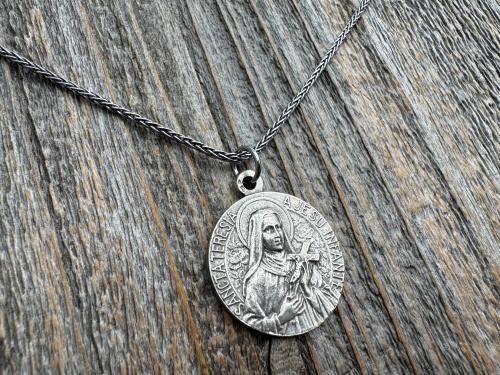Sterling Silver Rare St Thérèse of Lisieux Medal Necklace, French Antique Replica Sancta Teresia St Theresa of the Child Jesus Little Flower