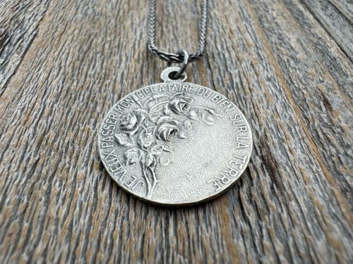Sterling Silver Rare St Thérèse of Lisieux Medal Necklace, French Antique Replica Sancta Teresia St Theresa of the Child Jesus Little Flower