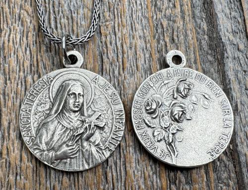Sterling Silver Rare St Thérèse of Lisieux Medal Necklace, French Antique Replica Sancta Teresia St Theresa of the Child Jesus Little Flower