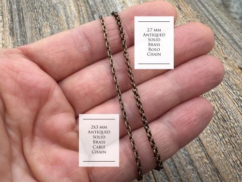 Oxidized SOLID Brass Necklace, Solid Antiqued Brass 2.7mm Rolo Chain or 2x3mm Cable Chain, Custom Any Length Necklace with Lobster Clasp