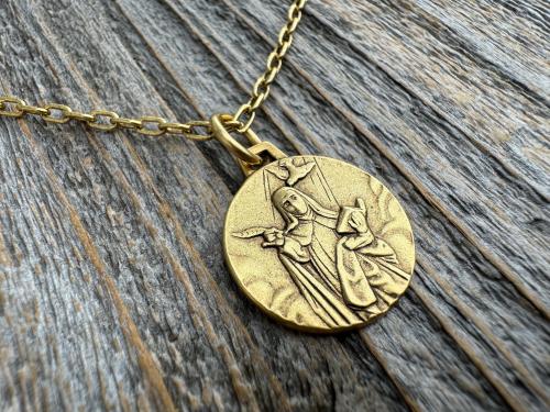 Antiqued Gold or Pewter Saint Teresa of Avila Pendant, Handmade Replica of Antique Medallion from Spain, St. Teresa of Ávila Round Medal