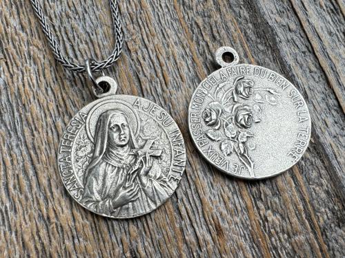 Sterling Silver Rare St Thérèse of Lisieux Medal Necklace, French Antique Replica Sancta Teresia St Theresa of the Child Jesus Little Flower