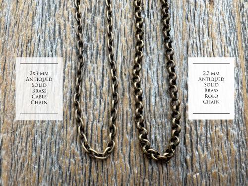 Oxidized SOLID Brass Necklace, Solid Antiqued Brass 2.7mm Rolo Chain or 2x3mm Cable Chain, Custom Any Length Necklace with Lobster Clasp