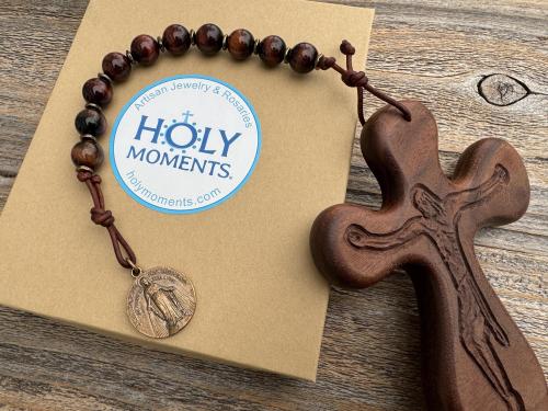 Palm Crucifix Single Decade Rosary, Walnut ByRon PalmCross with Engraved Crucified Christ, Hand Engraved and Artisan Handmade