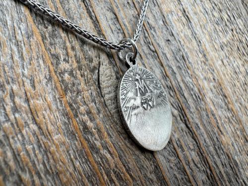 Sterling Silver Oval French Miraculous Medal Pendant, Antique Replica of Rare Adolph Penin Signed Miraculous Medallion from France, Antiqued