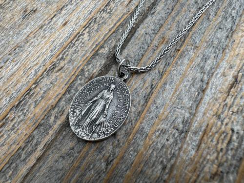 Sterling Silver Oval French Miraculous Medal Pendant, Antique Replica of Rare Adolph Penin Signed Miraculous Medallion from France, Antiqued