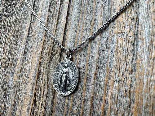 Sterling Silver Oval French Miraculous Medal Pendant, Antique Replica of Rare Adolph Penin Signed Miraculous Medallion from France, Antiqued