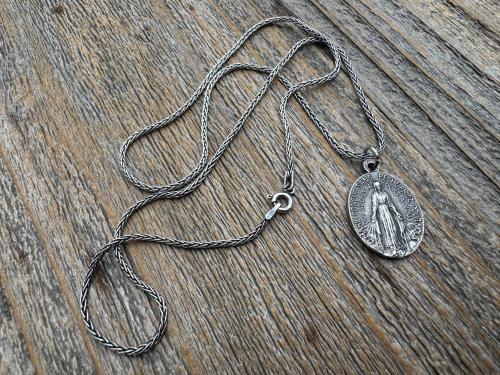 Sterling Silver Oval French Miraculous Medal Pendant, Antique Replica of Rare Adolph Penin Signed Miraculous Medallion from France, Antiqued