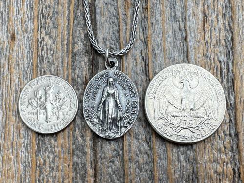 Sterling Silver Oval French Miraculous Medal Pendant, Antique Replica of Rare Adolph Penin Signed Miraculous Medallion from France, Antiqued