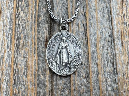 Sterling Silver Oval French Miraculous Medal Pendant, Antique Replica of Rare Adolph Penin Signed Miraculous Medallion from France, Antiqued