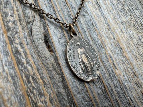 Bronze Oval French Miraculous Medal Pendant, Antique Replica of Rare Adolph Penin Signed Miraculous Medallion from France, Antiqued