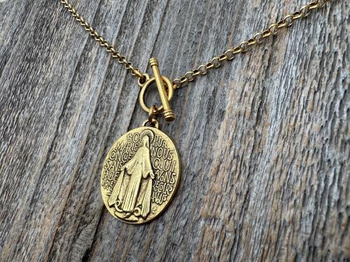 Antiqued Gold Large Miraculous Medal Front Toggle Clasp Necklace, Antique Reproduction Pendant, Signed by Balme, Medallion from France MM1