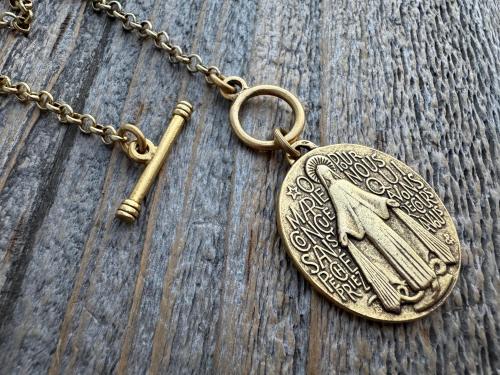 Antiqued Gold Large Miraculous Medal Front Toggle Clasp Necklace, Antique Reproduction Pendant, Signed by Balme, Medallion from France MM1