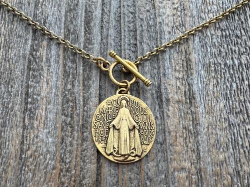 Antiqued Gold Large Miraculous Medal Front Toggle Clasp Necklace, Antique Reproduction Pendant, Signed by Balme, Medallion from France MM1