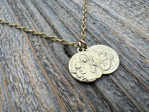 Gold St Gerard & St Colette Cluster Necklace, Patron Saints of Fertility and Expectant Mothers, Antique Replicas of French Medals Pendants