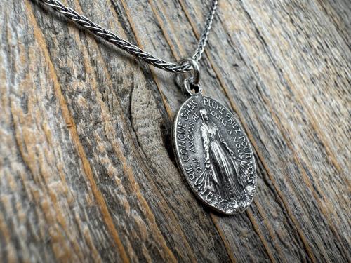 Sterling Silver Oval French Miraculous Medal Pendant, Antique Replica of Rare Adolph Penin Signed Miraculous Medallion from France, Antiqued
