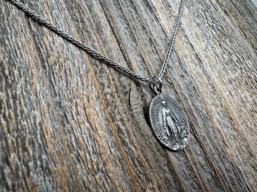 Sterling Silver Oval French Miraculous Medal Pendant, Antique Replica of Rare Adolph Penin Signed Miraculous Medallion from France, Antiqued