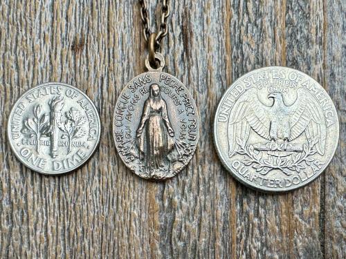 Bronze Oval French Miraculous Medal Pendant, Antique Replica of Rare Adolph Penin Signed Miraculous Medallion from France, Antiqued