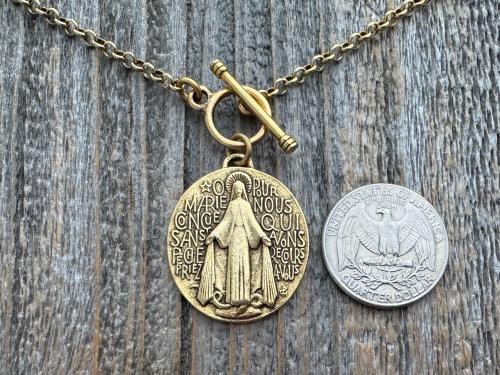 Antiqued Gold Large Miraculous Medal Front Toggle Clasp Necklace, Antique Reproduction Pendant, Signed by Balme, Medallion from France MM1