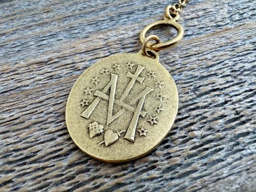 Antiqued Gold Large Miraculous Medal Front Toggle Clasp Necklace, Antique Reproduction Pendant, Signed by Balme, Medallion from France MM1