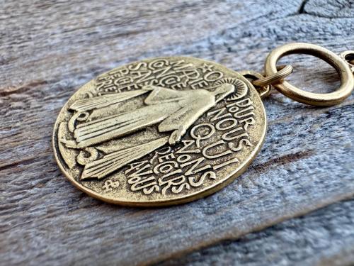 Antiqued Gold Large Miraculous Medal Front Toggle Clasp Necklace, Antique Reproduction Pendant, Signed by Balme, Medallion from France MM1