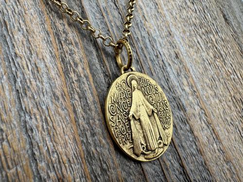 Antiqued Gold (non-maintenance) Large French Miraculous Medal with Fancy Ring, Antique Replica Signed by PCH & JB, Medallion from France MM1