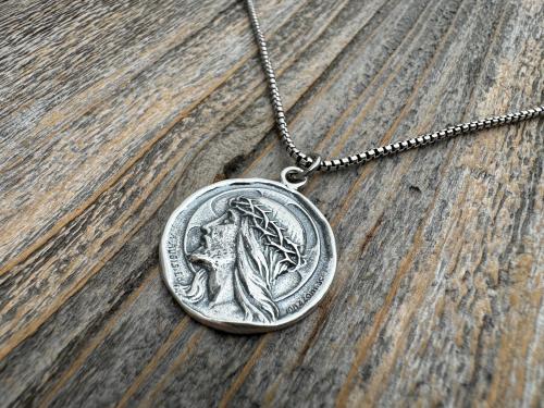 Sterling Silver Jesus Christ Pendant Medallion, Our Lord with Crown of Thorns, French Antique Replica Medal, Artists Augis & Mazzoni France
