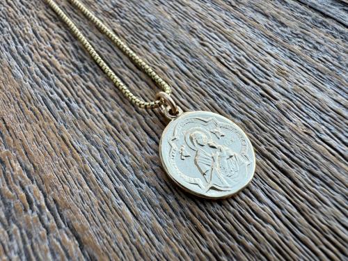 Gold St Gerard Majella Medal on Box Chain Necklace, French Antique Reproduction, Patron Saint of Expectant Mothers and Saint of Fertility