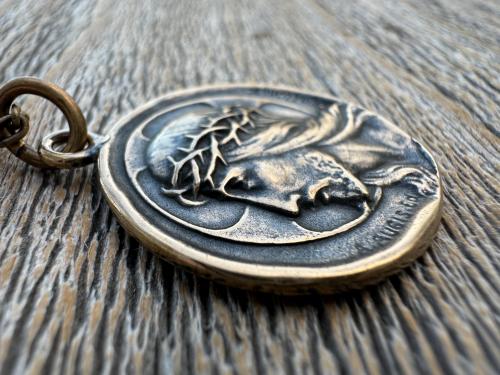 Bronze Jesus Christ Pendant Round Medallion, Our Lord with Crown of Thorns, French Antique Replica Medal, Artists Augis & Mazzoni France
