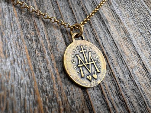 Antiqued Gold Round Miraculous Medal Pendant, Antique Replica of Rare JB & PCH Signed Circle Medallion, Artists Balme and Chambault Necklace