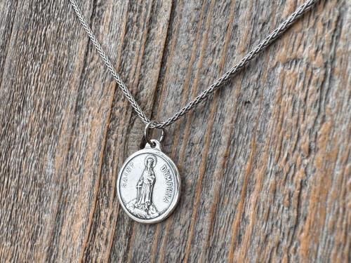 Shiny Oxidized Sterling Silver St. Dymphna Medallion, Antique Replica Medal Pendant, Saint of Anxiety, Mental Illness, Chain Necklace Option