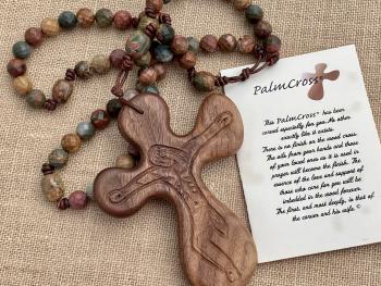 Large Rosary, Walnut hand-carved Crucifix, Red Cherry Creek Jasper Gemstones, Wall Rosary, Palm Comfort Cross, Original ByRon Palm Cross