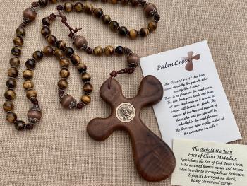 Walnut ByRon PalmCross with Face of Christ Medallion Bronze Antique Replica & Yellow Tigereye Gemstone Rosary Palm Comfort Cross Wall Rosary