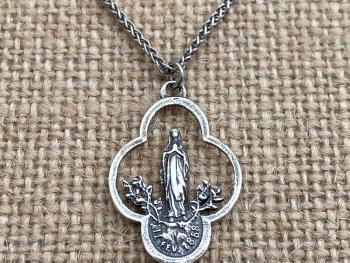 Sterling Silver Our Lady of Lourdes Pendant, Antique Replica Medal, Necklace, Immaculate Conception, Notre Dame, St Bernadette French France