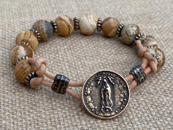Bronze Our Lady of Guadalupe Bracelet, Leather Rosary Bracelet, Picture Jasper Gemstones, Antique Replica Medal, Nuestra Señora de Guadalupe