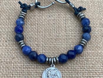 Sterling Silver St. Peregrine Laziosi Medal on a Sodalite Gemstone Bracelet - Patron Saint of Cancer Patients - Saint Pellegrino Peregrinus