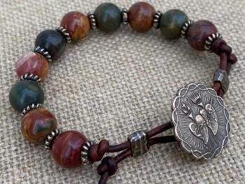 Bronze Sacred Heart of Jesus and Immaculate Heart of Mary & Leather Rosary Bracelet with Cherry Creek Jasper Gemstones and Button Closure