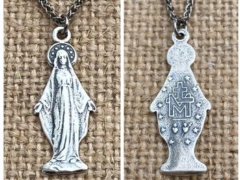 Sterling Silver Miraculous Medal Pendant Necklace, Antique Replica, Figural Blessed Virgin Mary Pendant, Our Lady of the Miracle Miracles