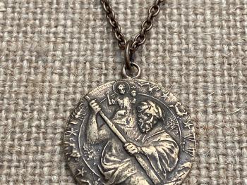 Bronze St. Saint Christopher Medal, Antique Replica, Pendant Necklace, Patron Saint of Travelers Traveling, Automobile, Confirmation Gift