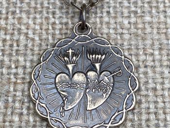 Bronze, Sacred Heart of Jesus Medal, Immaculate Heart of Mary Medal, Twin Hearts Medal, Antique Replica Medal, Sacred Heart of Mary Necklace