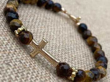 Faceted Yellow Tigereye Gemstone Bracelet with a Sideways Antique Replica Gold Cross and Beads Gold Bronze 7 and 1/4 inch long Toggle Clasp