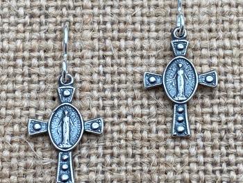 Sterling Silver Miraculous Medal Cross Earrings, Antique Replicas, French Hooks, Dangling Cross Earrings, Blessed Virgin Mary, Mother of God