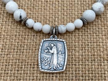 St Francis of Assisi Blessing Prayer Medal Bracelet, Sterling Silver & White Howlite Gemstones, Antique Replica, Italian Italy Medal Saint