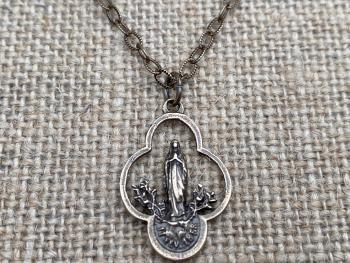 Bronze Our Lady of Lourdes Pendant Necklace, French Antique Replica, Mary Medal, Immaculate Conception, Saint Bernadette, Quatrefoil Shape