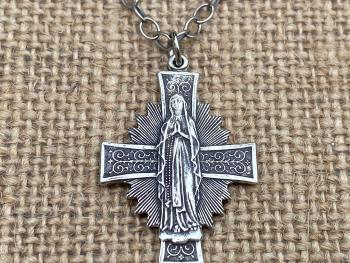 Sterling Silver Radiant Mary Cross Medal Pendant, Antique Replica, Adjustable Length Necklace, Blessed Virgin Mary, Our Lady of Guadalupe