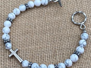 Sterling Silver Sideways Cross on a White Howlite Gemstone Beaded Bracelet, Antique Replica Cross & Textured Beads, Toggle Clasp Bracelet