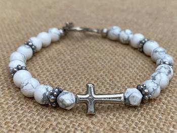 Sterling Silver Sideways Cross on a White Howlite Gemstone Beaded Bracelet, Antique Replica Cross & Textured Beads, Toggle Clasp Bracelet